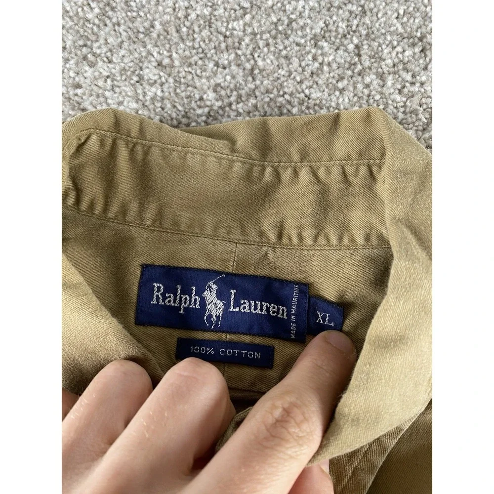 Polo Ralph Lauren Solid Beige Dress Shirt Blue Pony Mens XL Prep Cotton Relaxed